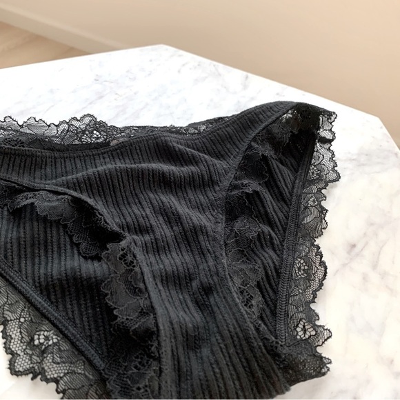 Black Ribbed Lace Trim Cotton Pointelle Bikini Panty - Picture 3 of 7